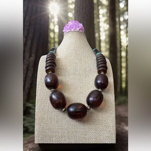 Vintage Ethnic Indo/Tibet Tribal Translucent Dark Cognac Amber Resin Necklace